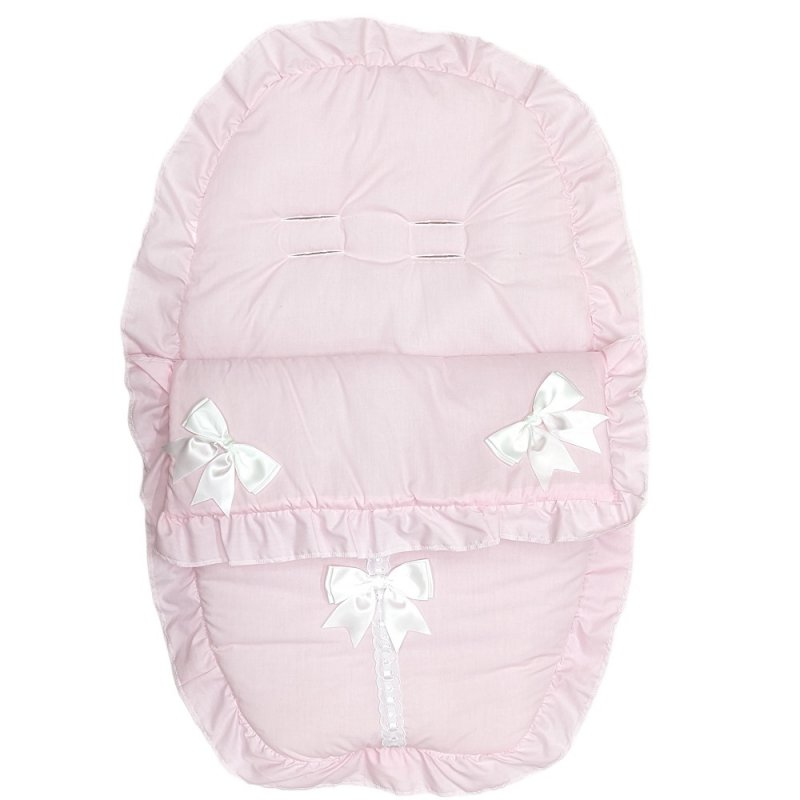 Plain Pink/White Car Seat Footmuff/Cosytoe With Large Bows & Lace